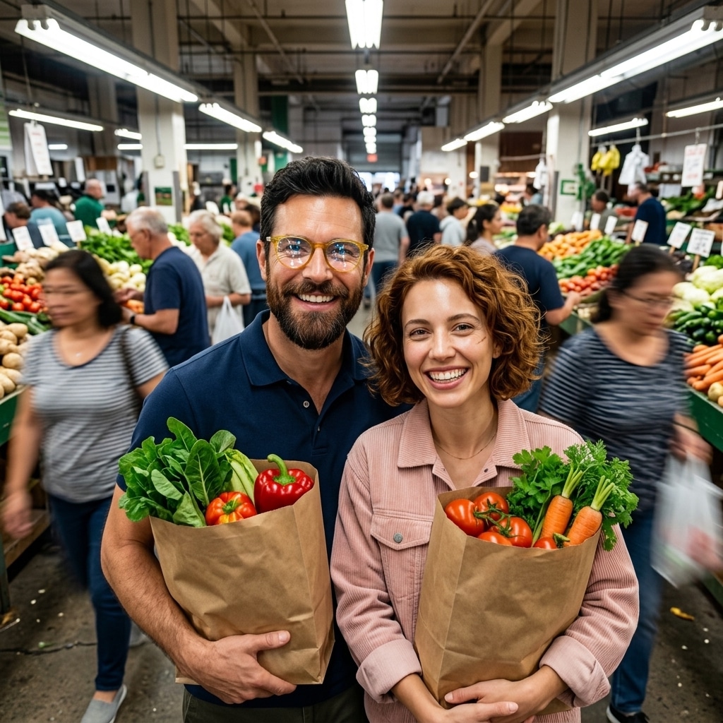 Clara y Jaime con bolsas de verduras
