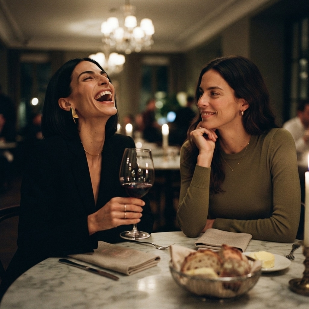 Irene y Vega riendo en un restaurante